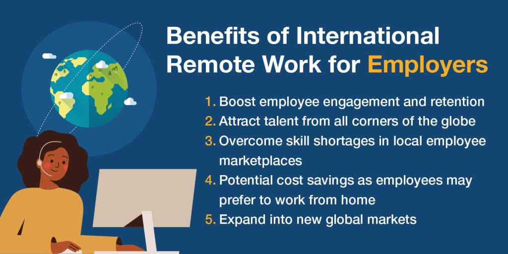 Infographic outlining 5 benefits of international remote work for employers. 