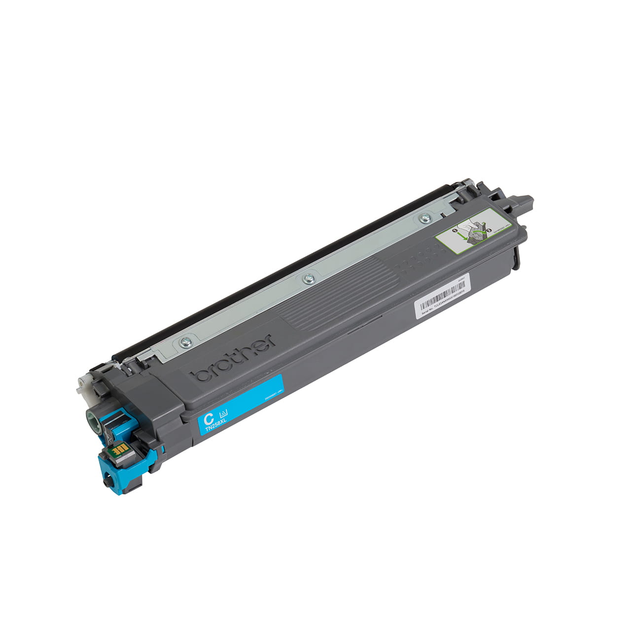cyan high yield toner cartridge tn258xl out of carton facing right.