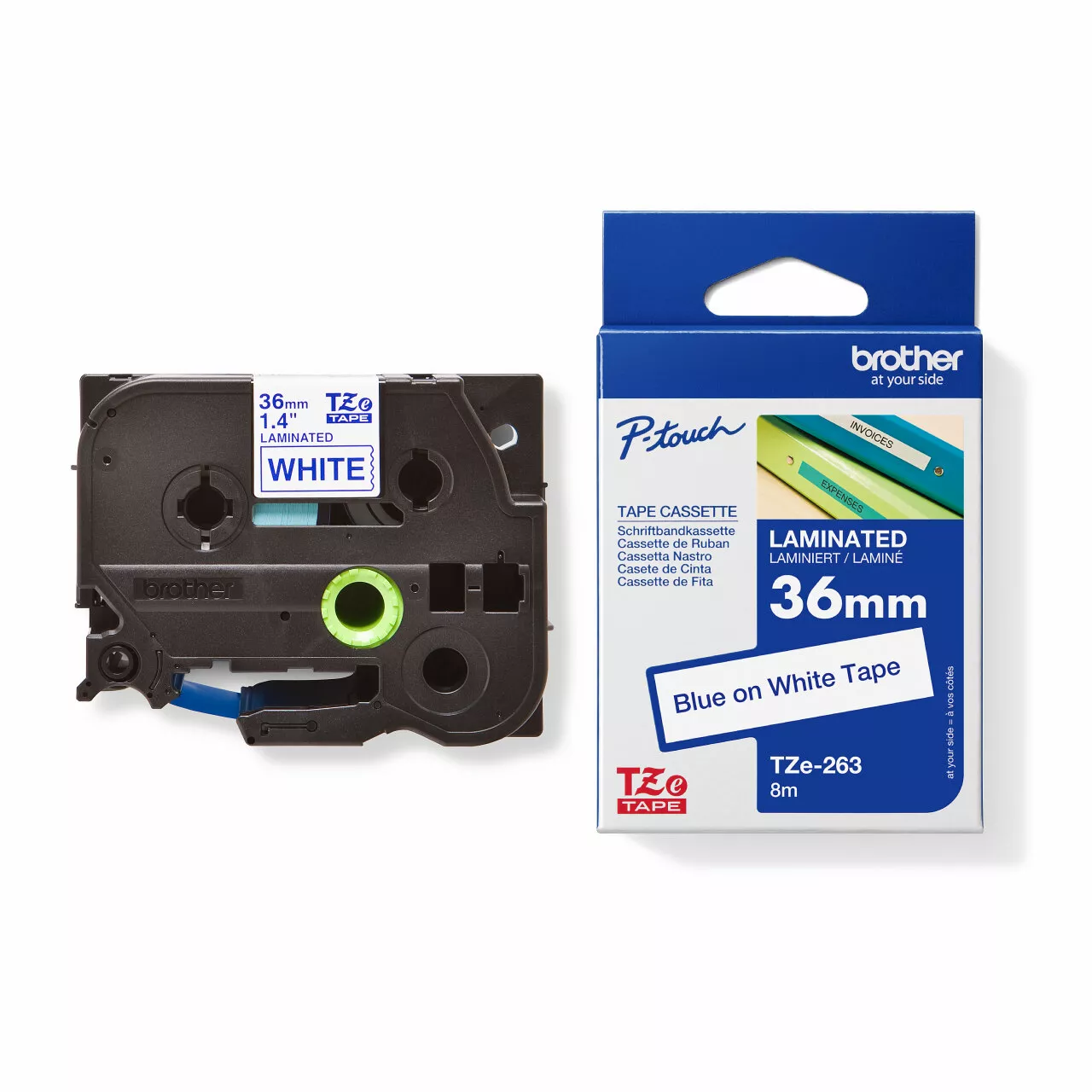 Genuine Brother TZe-263 Labelling Tape Cassette – Blue on White, 36mm x 8m, Laminated