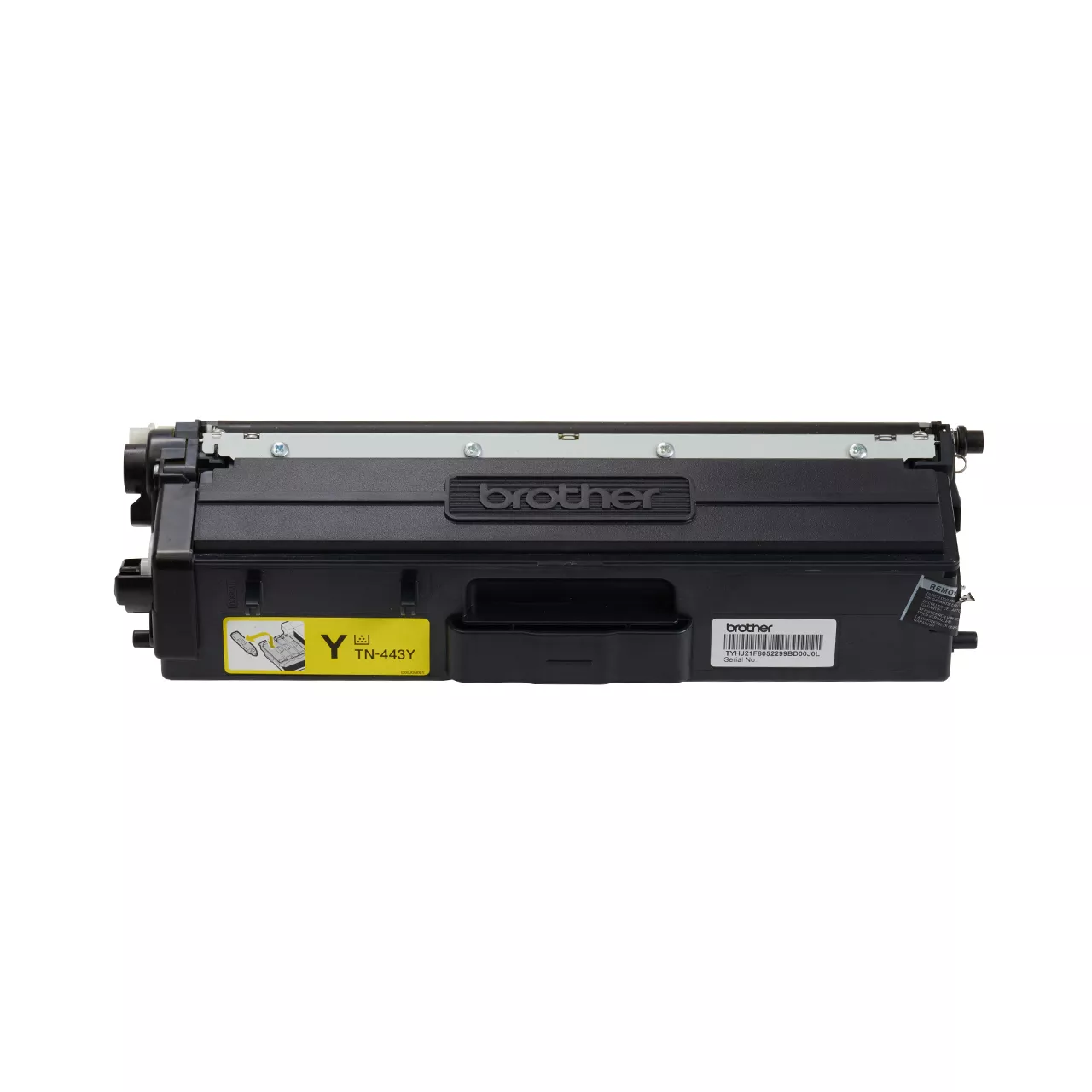 yellow high yield toner cartridge tn443 out of carton facing forward.