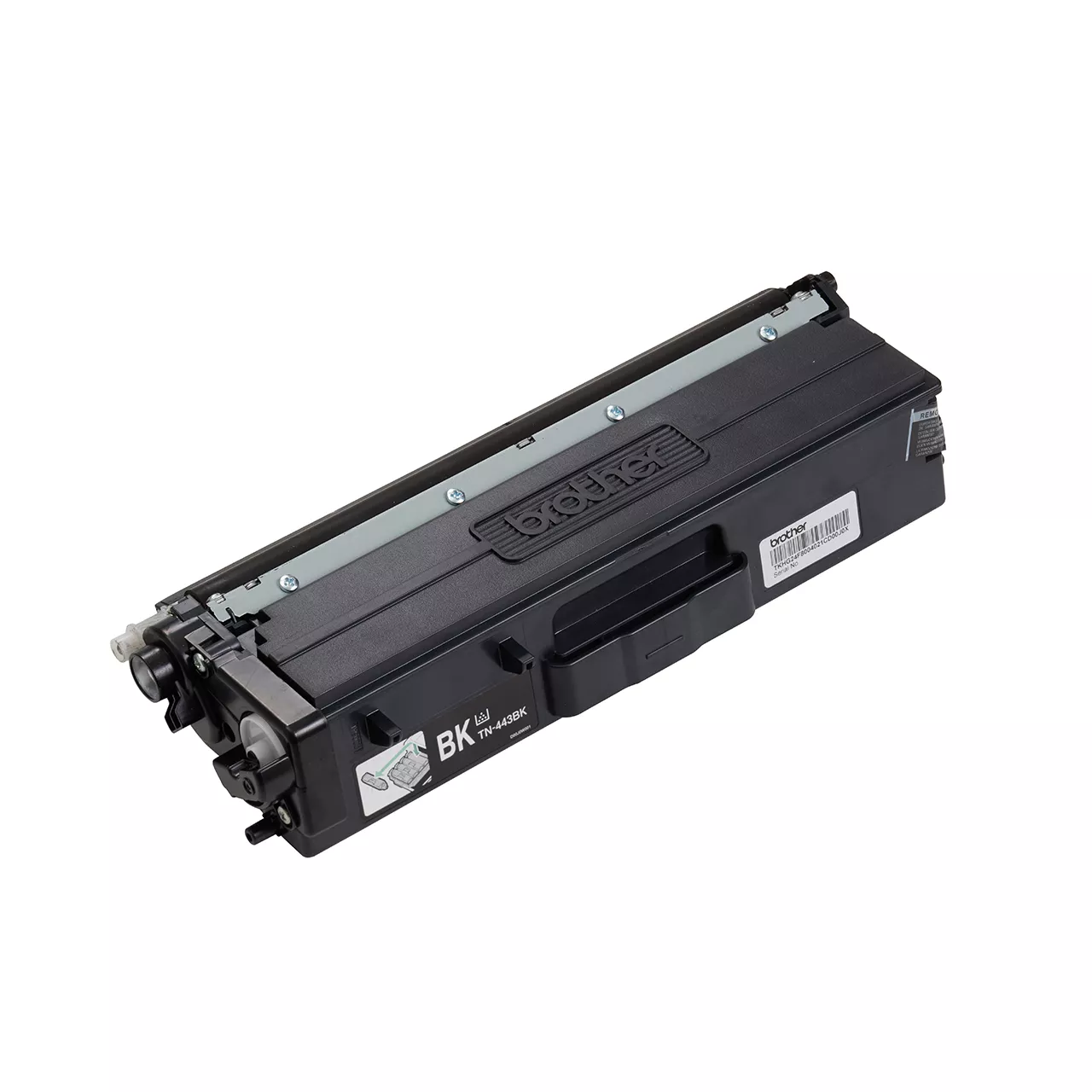 black high yield toner cartridge tn443 out of carton facing right.