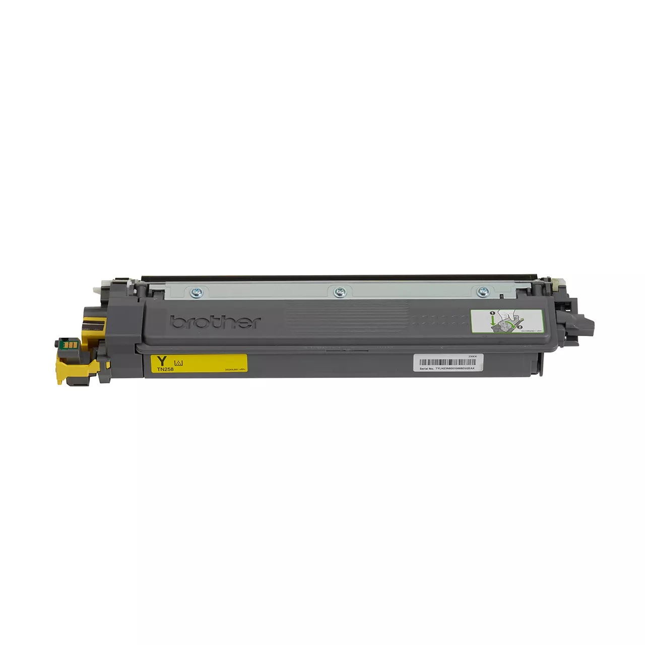 yellow standard yield toner cartridge tn258 out of carton facing forward.