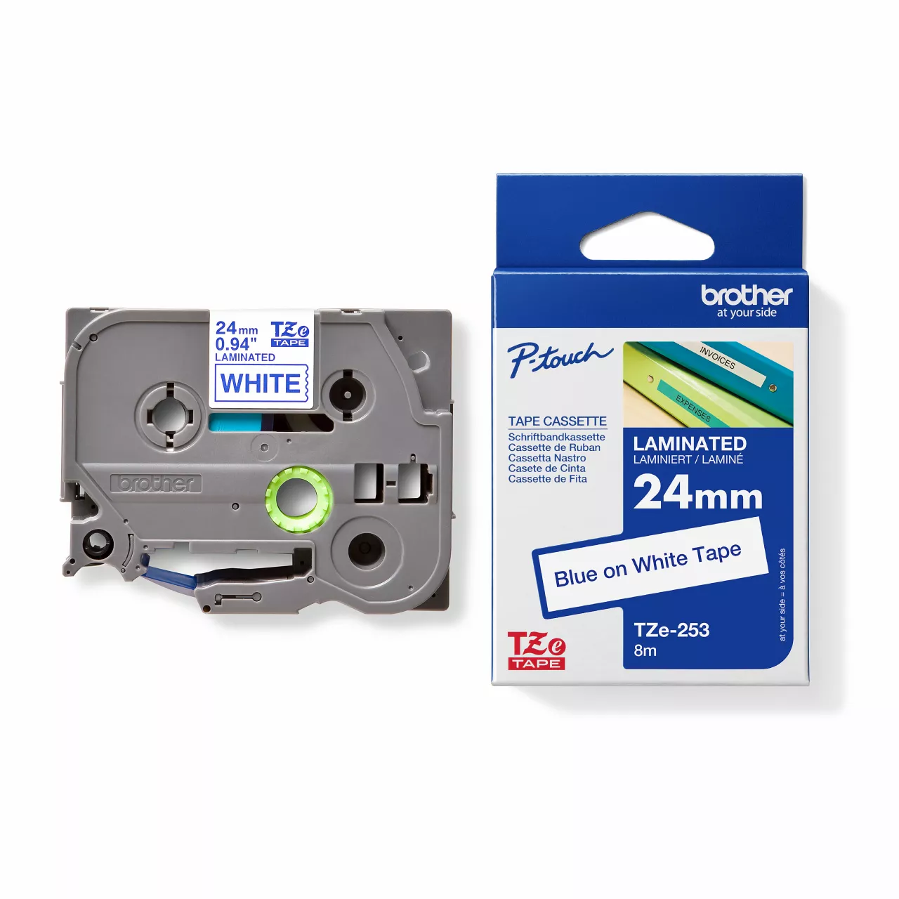 Genuine Brother TZe-253 Labelling Tape Cassette – Blue on White, 24mm x 8m, Laminated