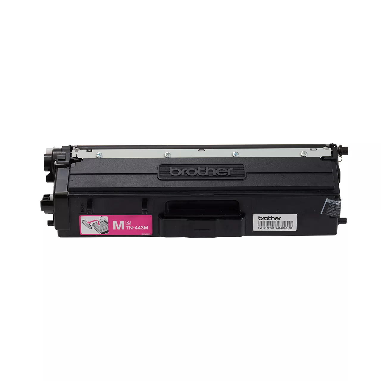 magenta high yield toner cartridge tn443 out of carton facing forward.