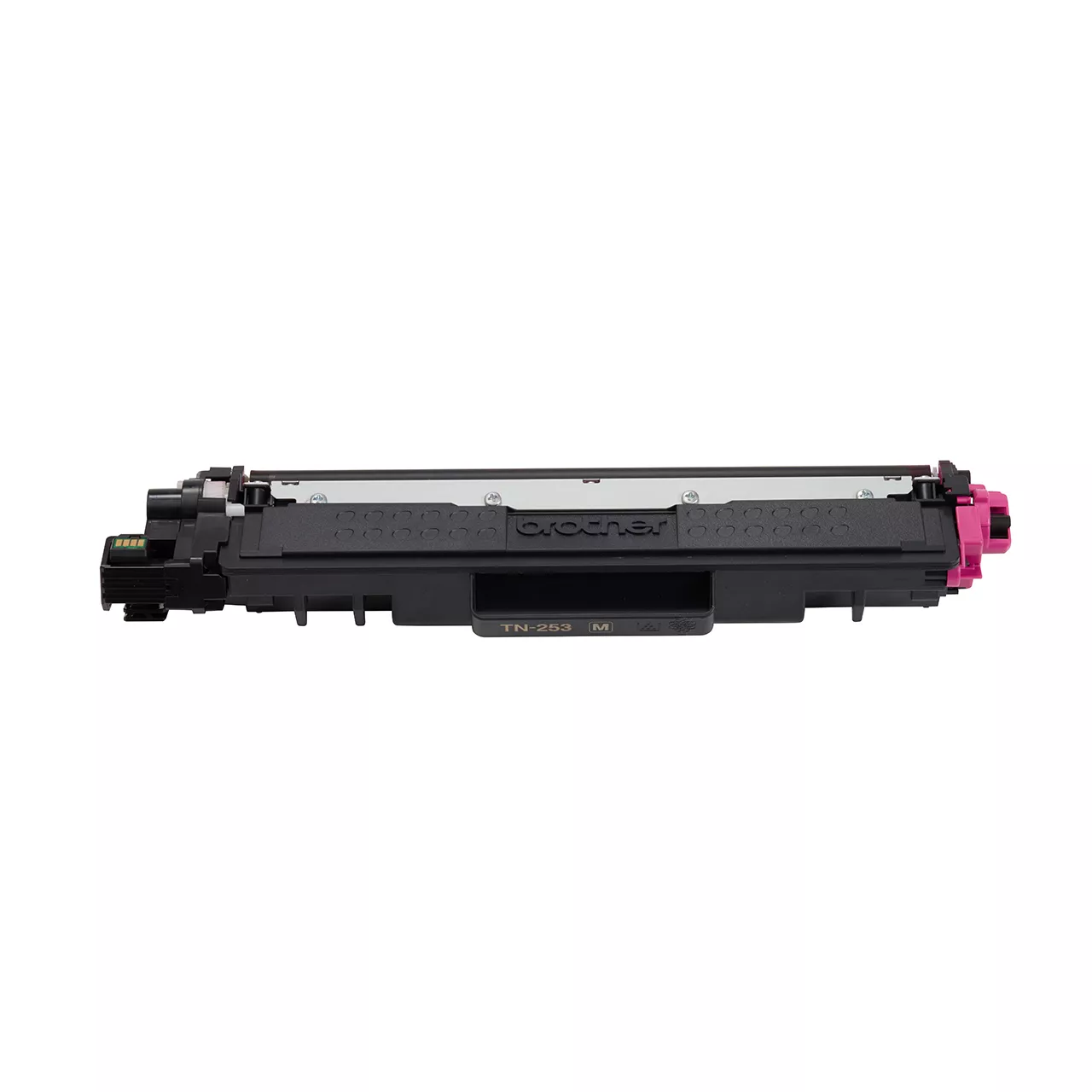 magenta standard yield toner cartridge tn253 out of carton facing forward.