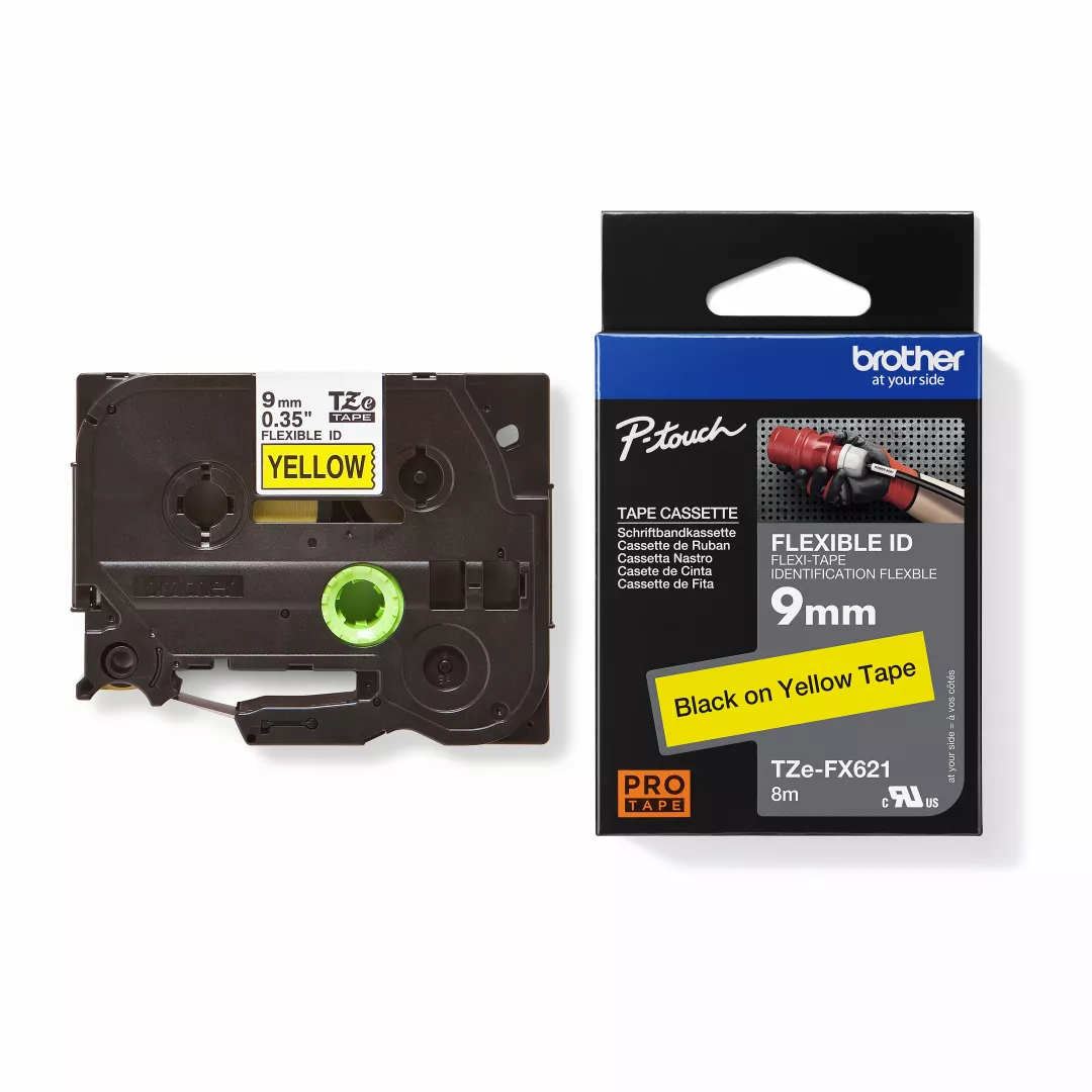 Brother Genuine TZe-FX621 Flexible ID Tape - 9mm Black on Yellow
