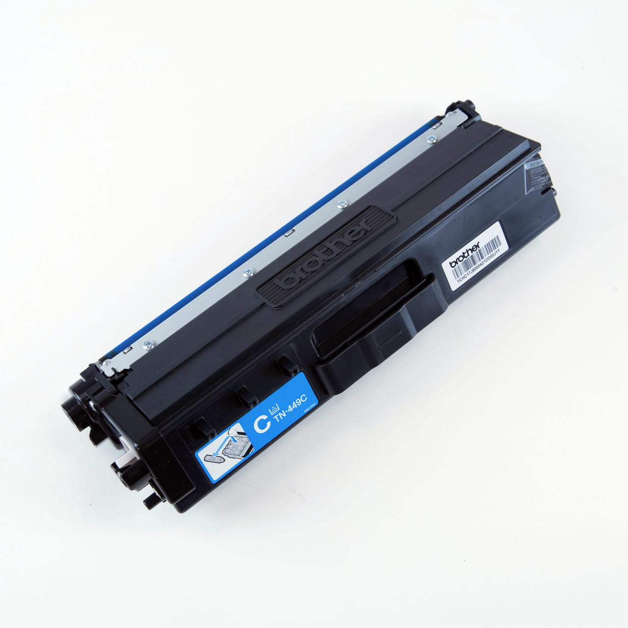 cyan ultra high yield toner cartridge tn449 out of carton facing right.