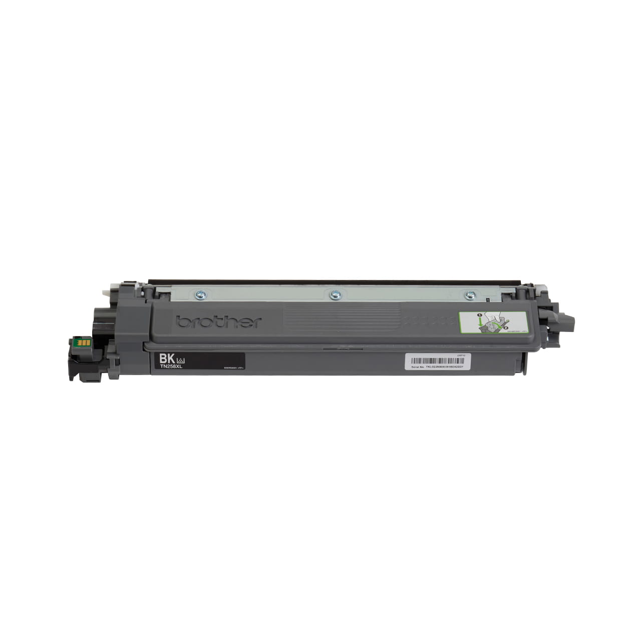 black high yield toner cartridge tn258xl out of carton facing forward.