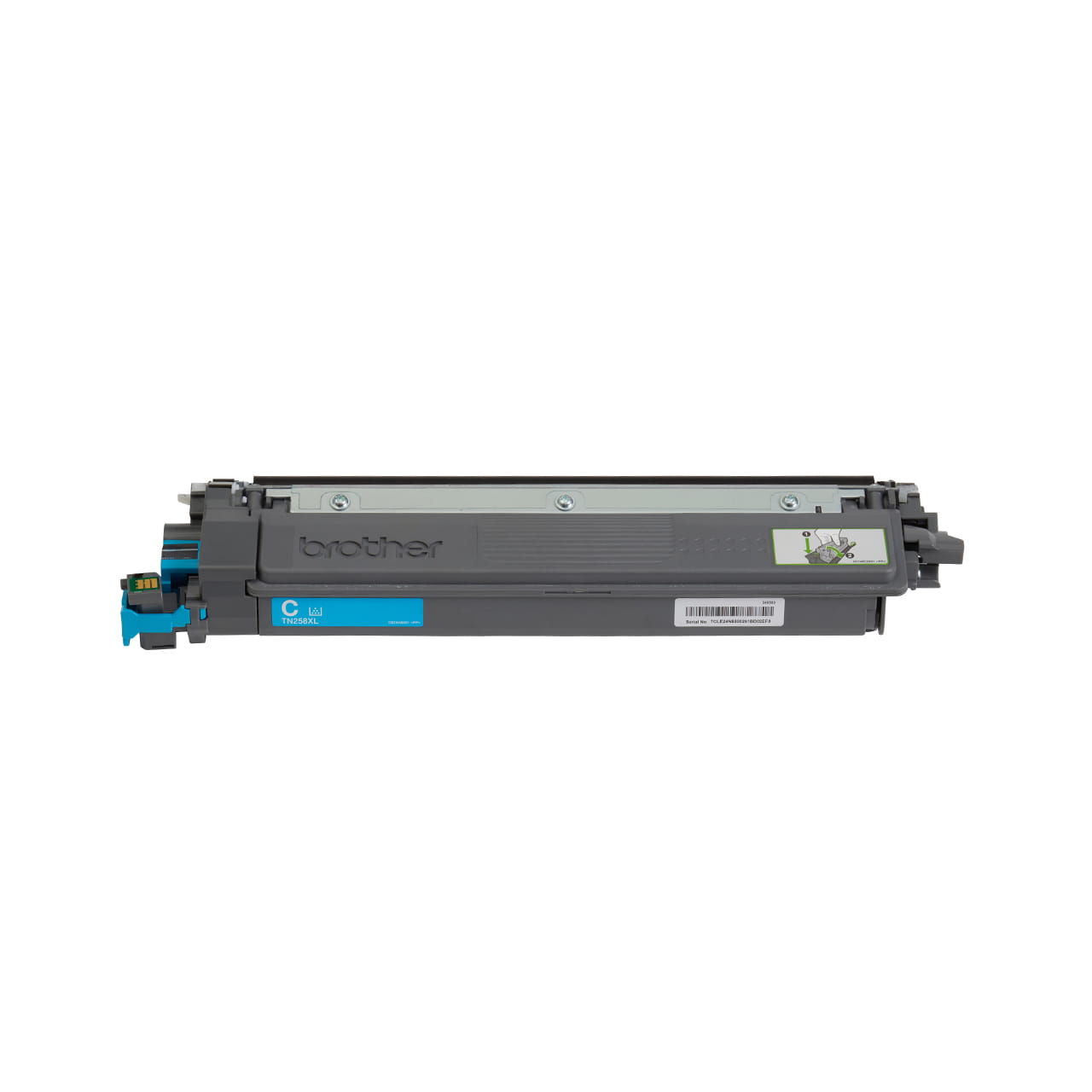 cyan high yield toner cartridge tn258xl out of carton facing forward