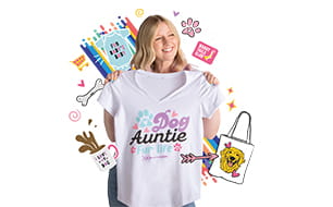 Image of a lady displaying a T-Shirt and other article options that can be printed on the Brother SP1 Sublimation Printer