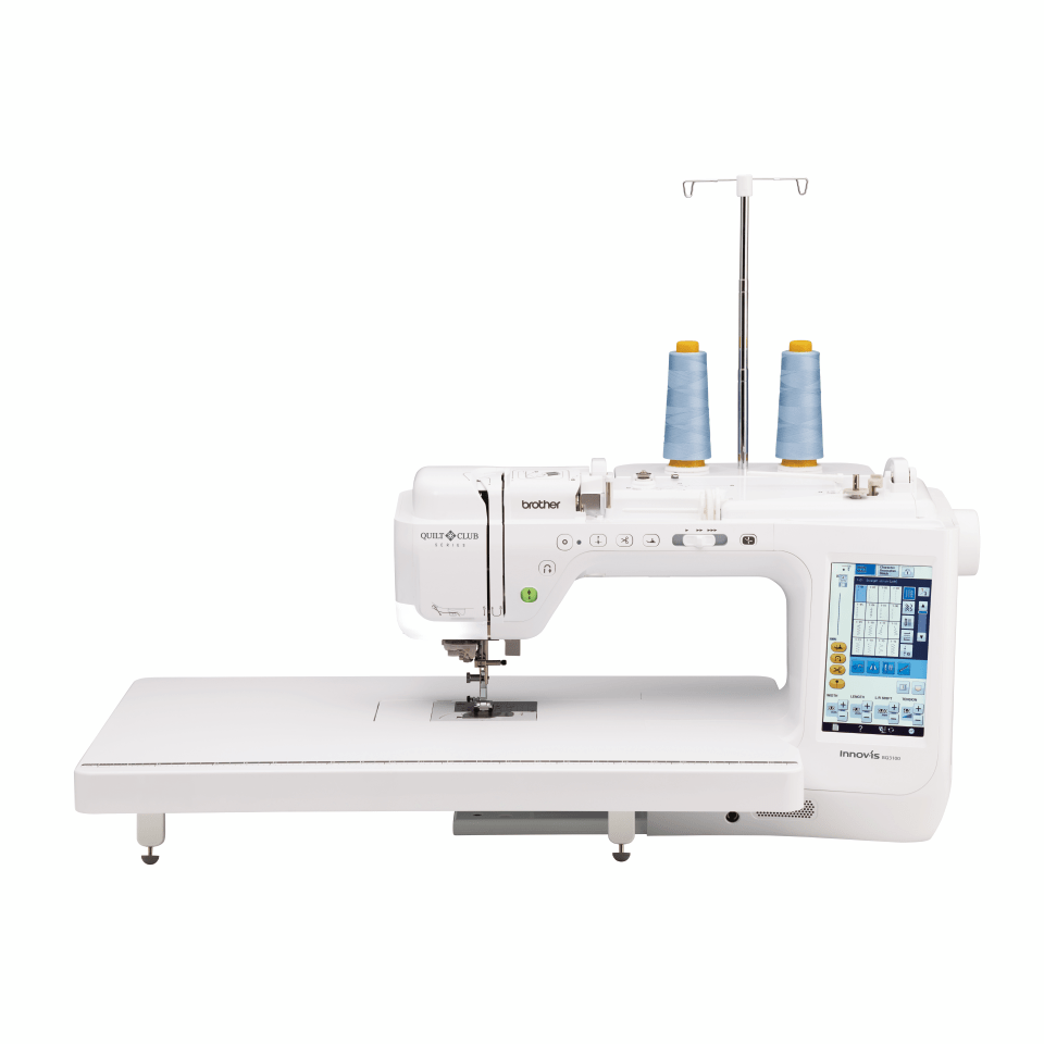 Brother BQ3100 sewing and quilting machine fitted with wide table and two-spool thread stand