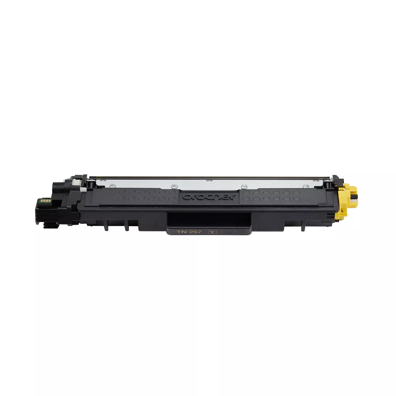 yellow high yield toner cartridge tn257 out of carton facing forward.