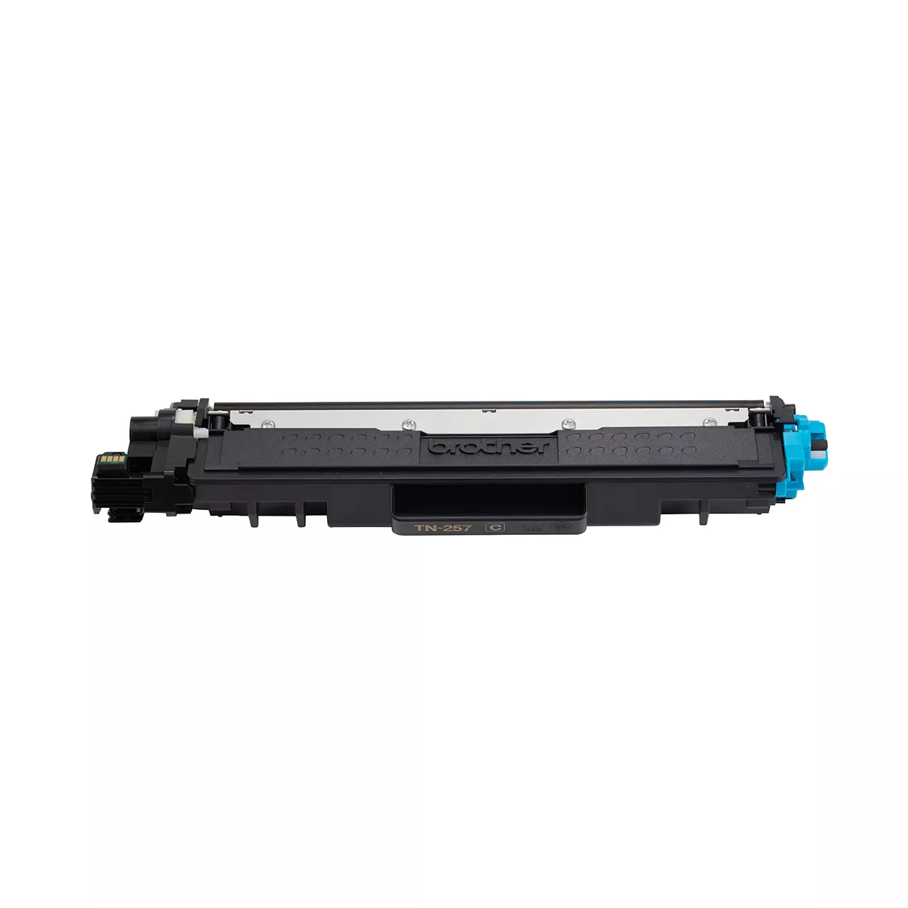 cyan high yield toner cartridge tn257 out of carton facing forward.