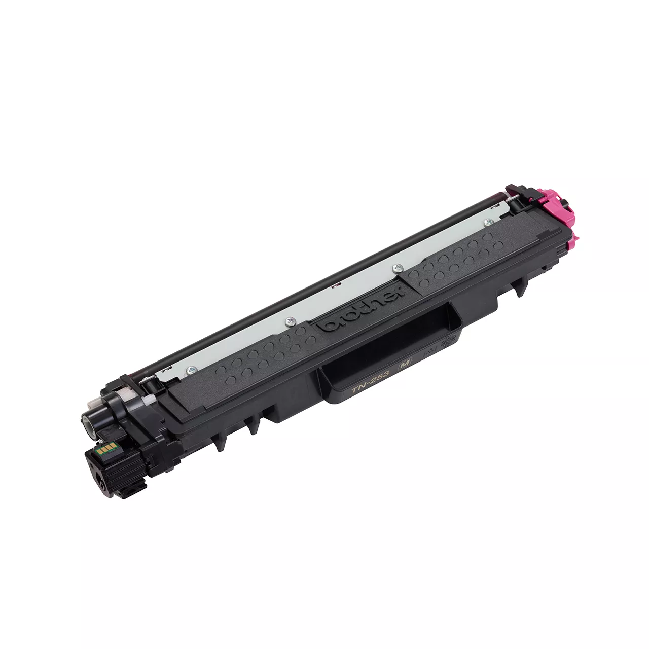 magenta standard yield toner cartridge tn253 out of carton facing right.