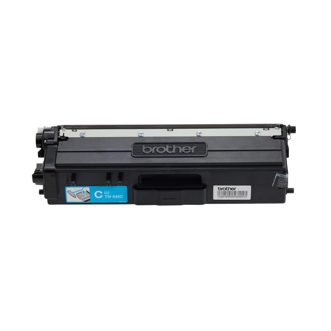 cyan super high yield toner cartridge tn446 out of carton facing forward.