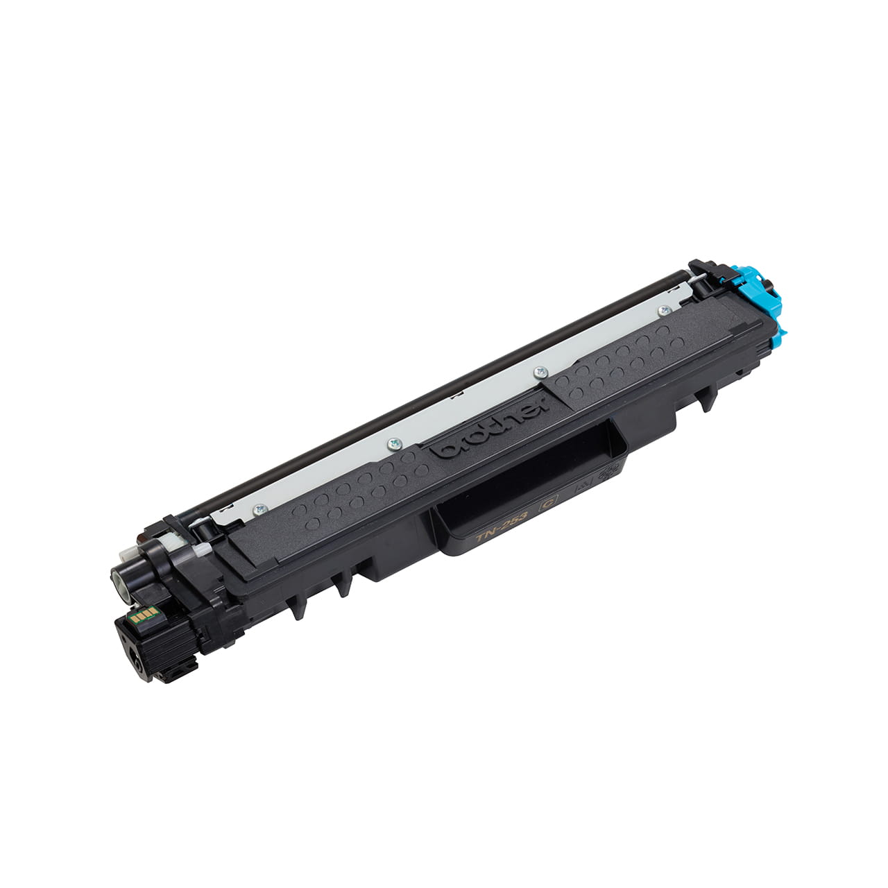 cyan standard yield toner cartridge tn253 out of carton facing right.