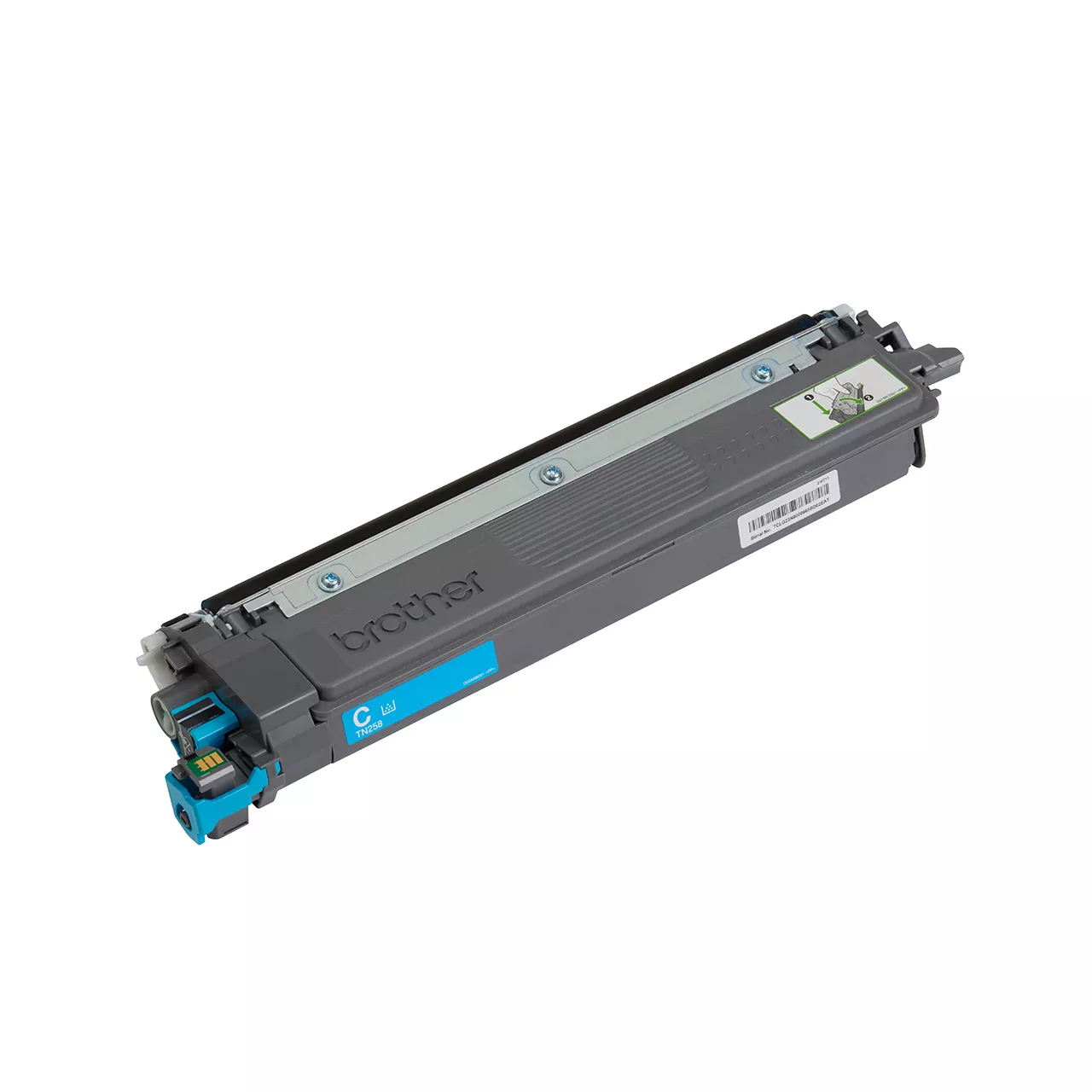 cyan standard yield toner cartridge tn258c out of carton facing right