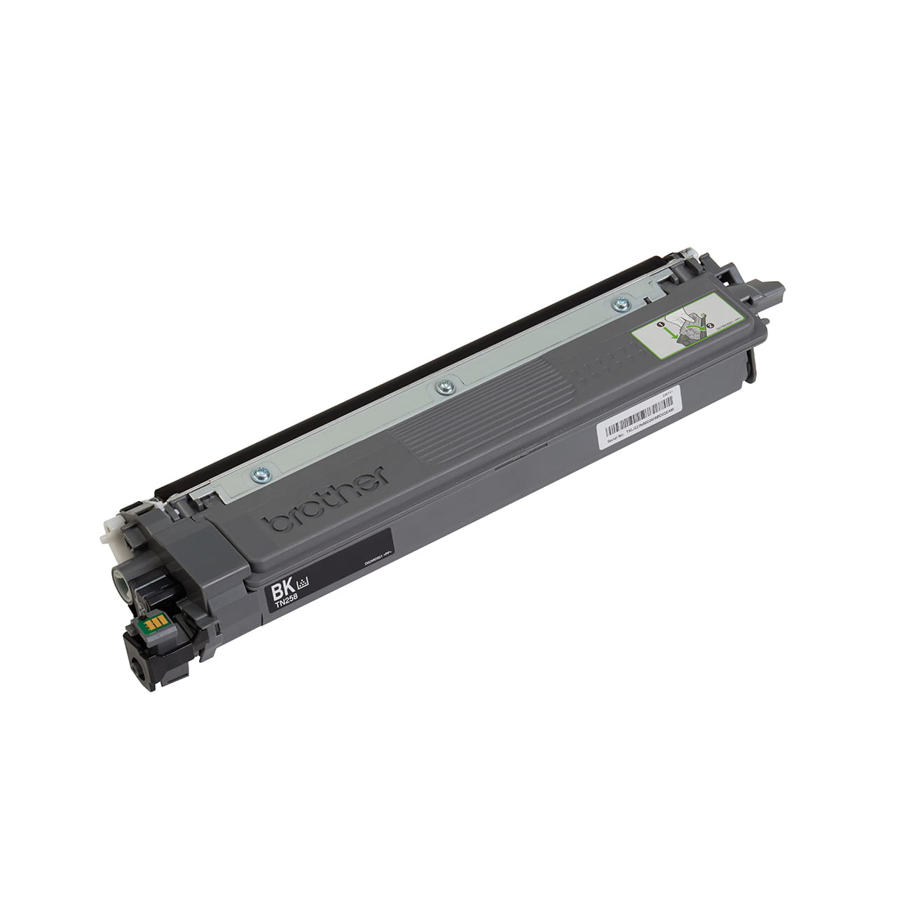 black standard yield toner cartridge tn258 out of carton facing right.