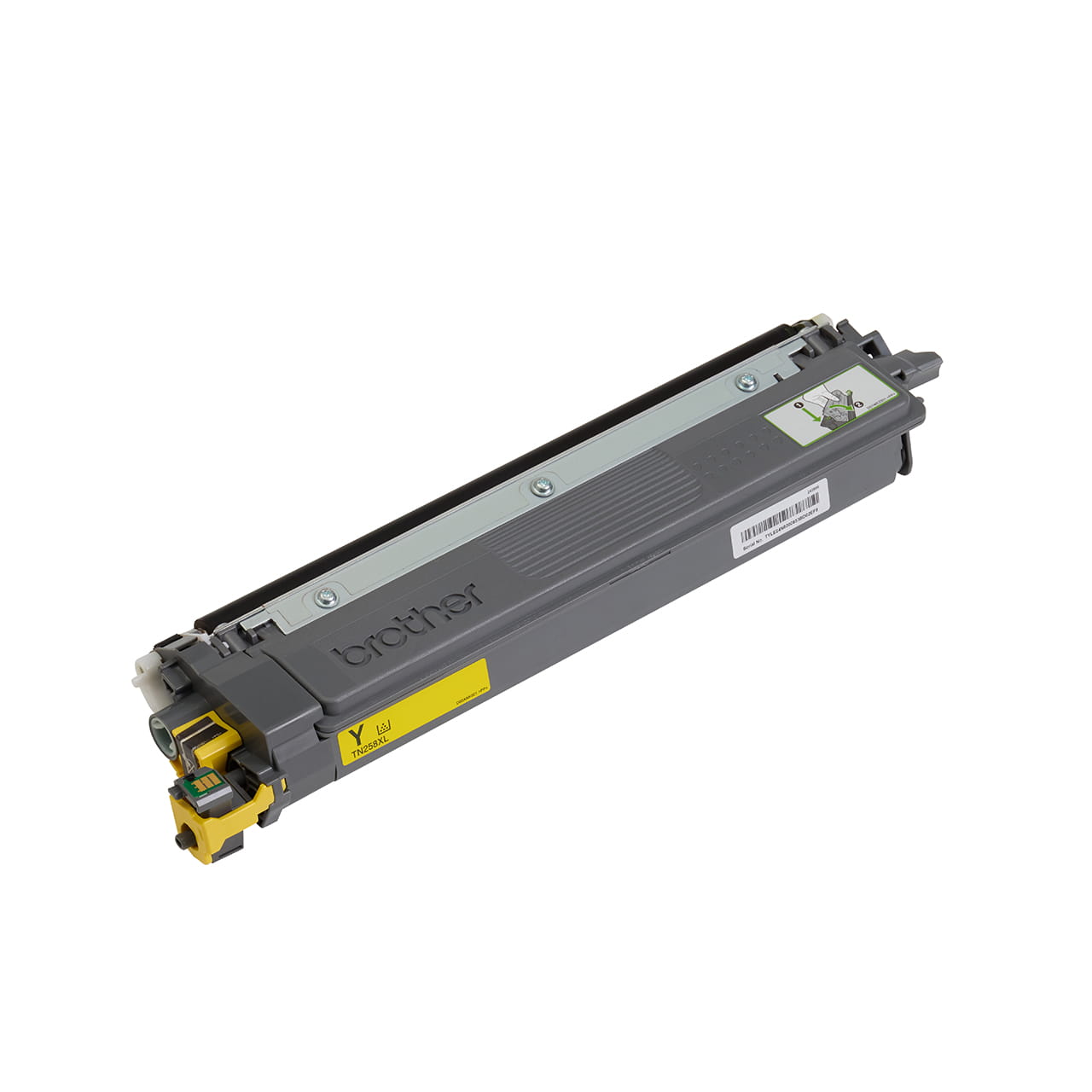 yellow high yield toner cartridge tn258xl out of carton facing right.