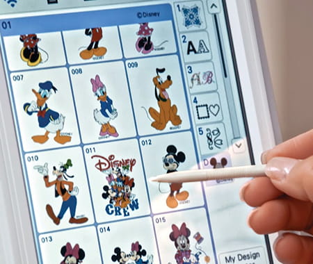 Image of the Brother Stellaire2 Innov-is XJ2 embroidery screen showing a range of licensed built-in Disney embroidery designs.
