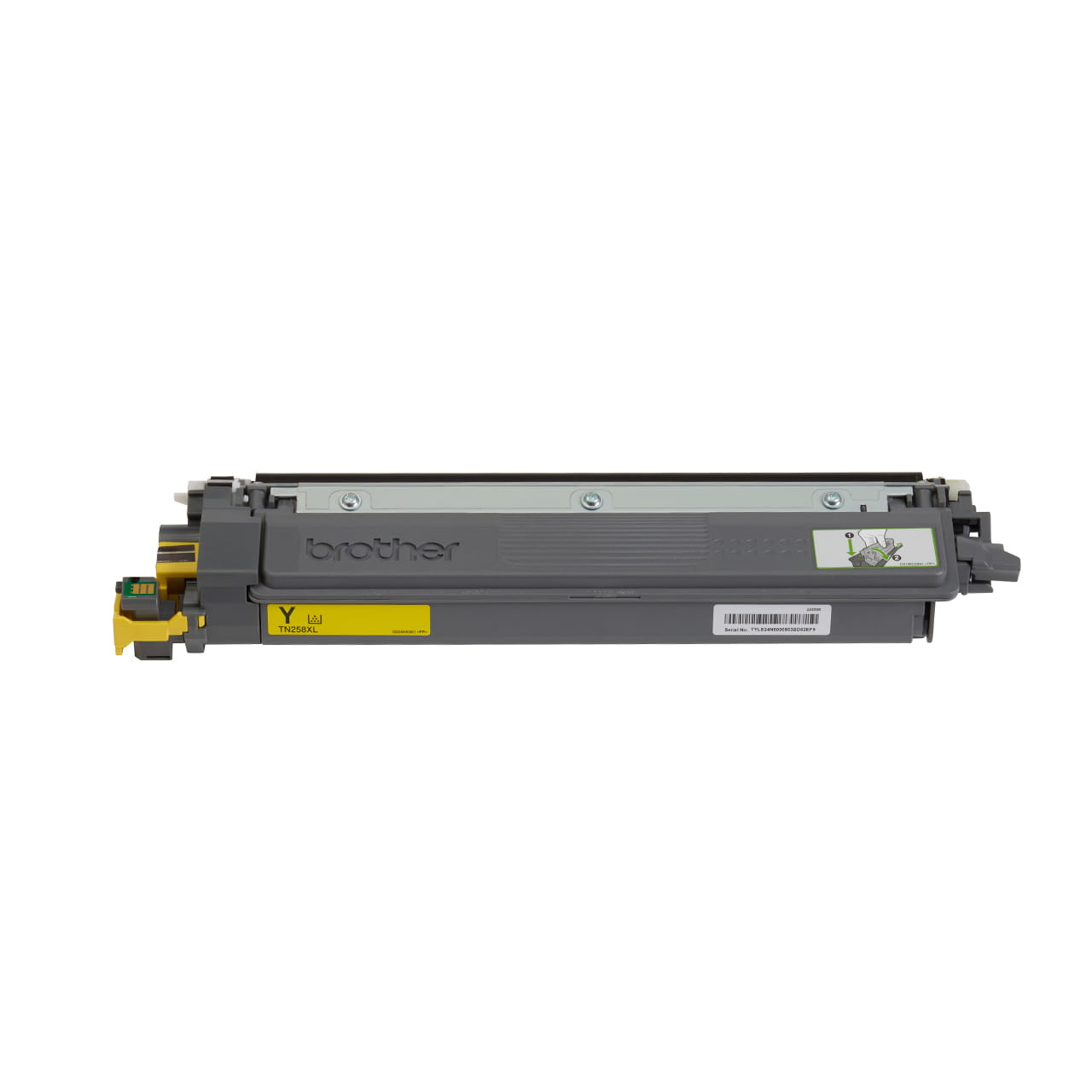 yellow high yield toner cartridge tn258xl out of carton facing forward.