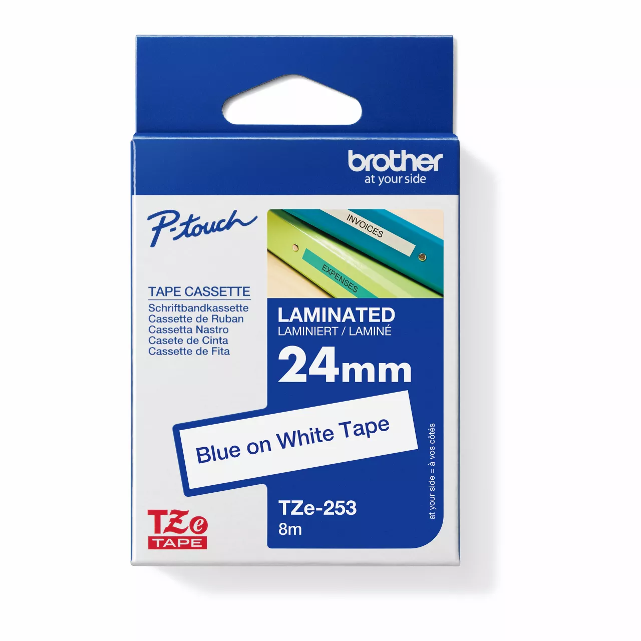 Genuine Brother TZe-253 Labelling Tape Cassette – Blue on White, 24mm x 8m, Laminated