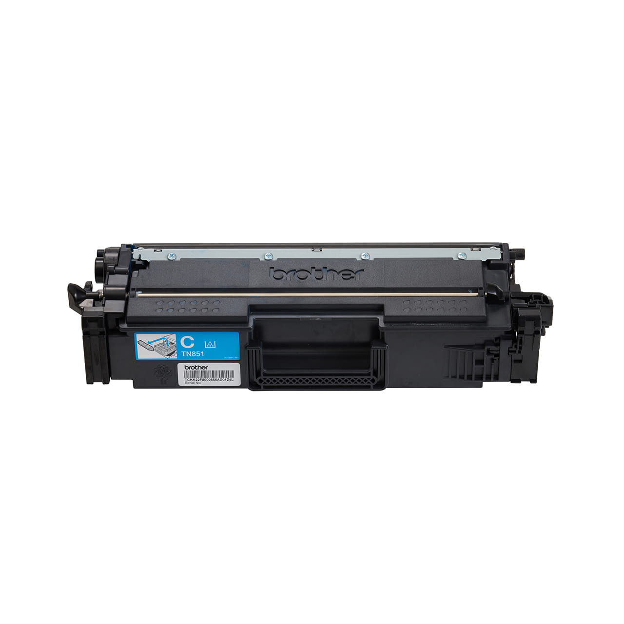 cyan standard yield toner cartridge tn851 out of carton facing forward.