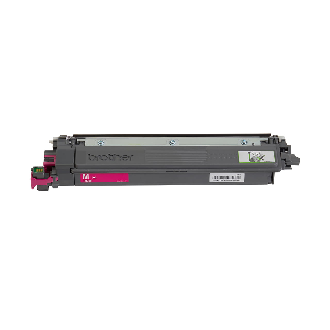 magenta standard yield toner cartridge tn258 out of carton facing forward.