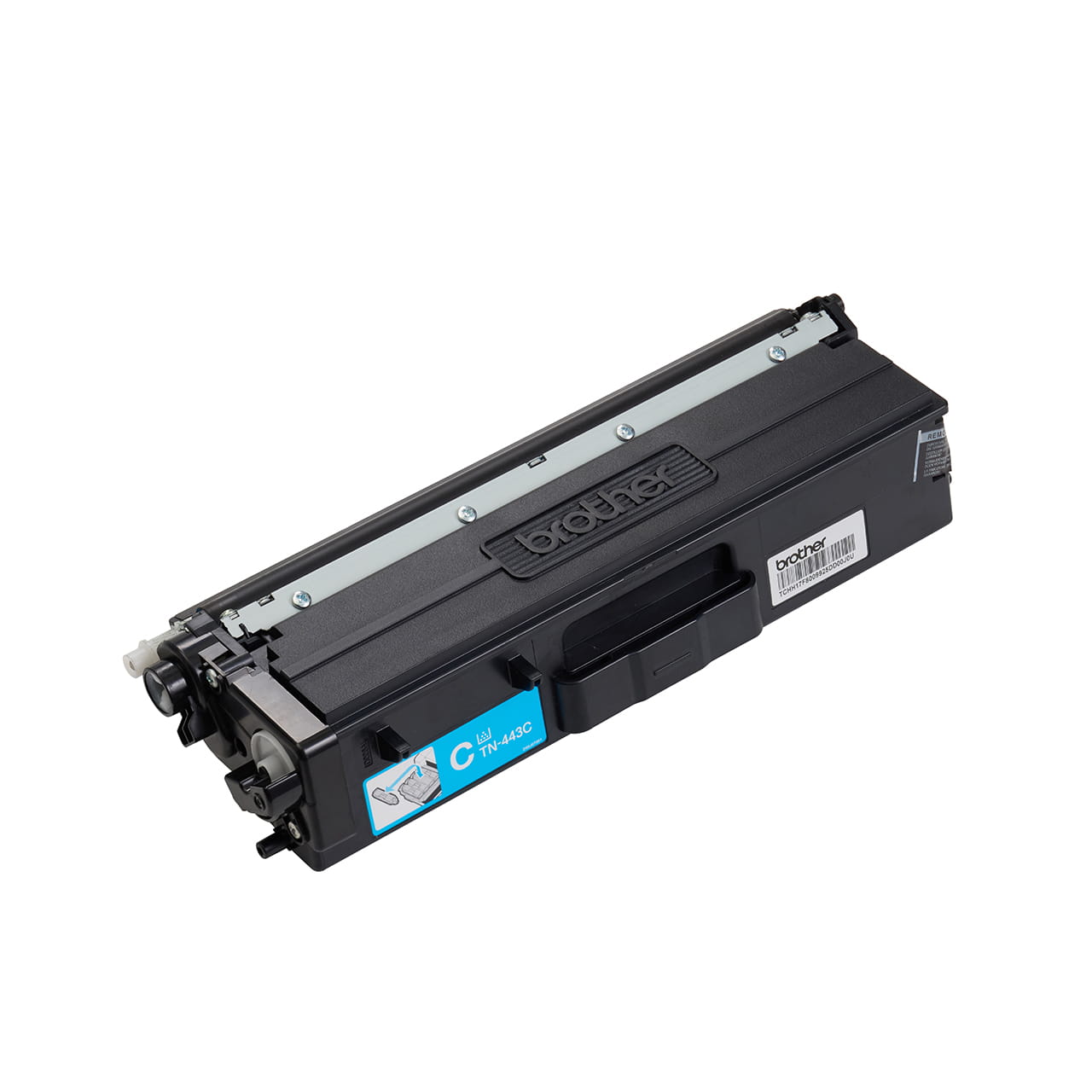 cyan high yield toner cartridge tn443 out of carton facing right.