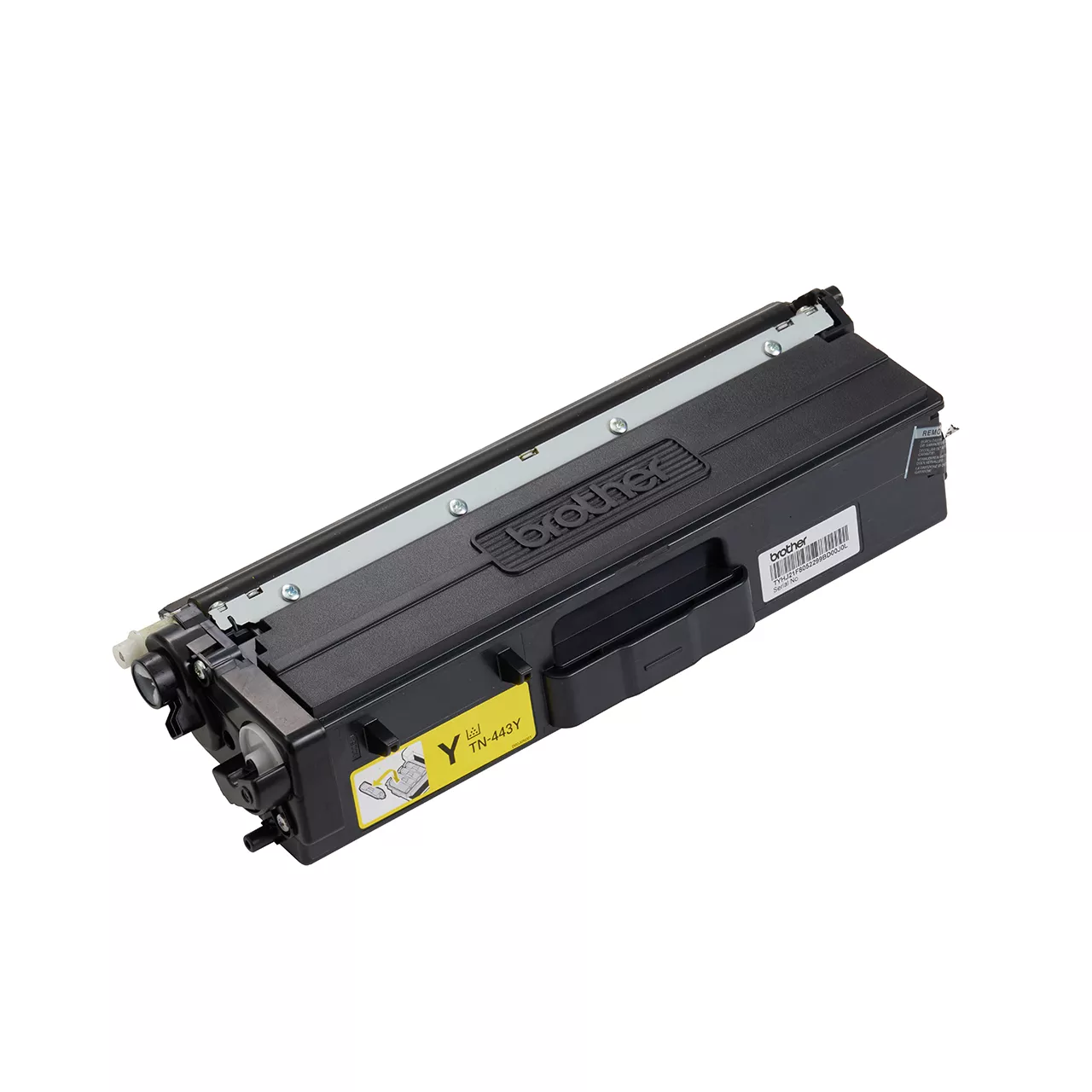 yellow high yield toner cartridge tn443 out of carton facing right.
