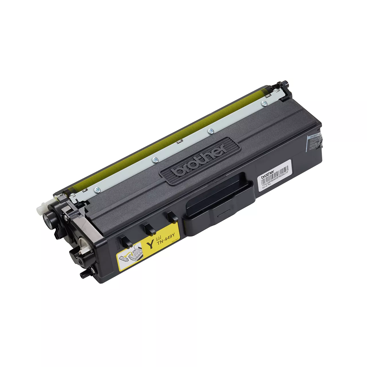 yellow ultra high yield toner cartridge tn449 out of carton facing right.