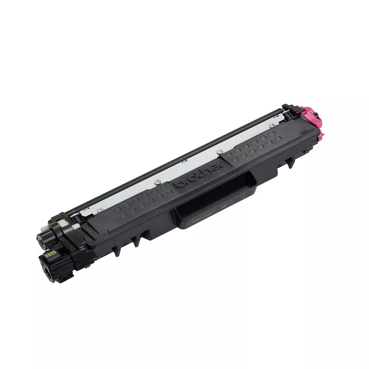 magenta high yield toner cartridge tn257 out of carton facing right.