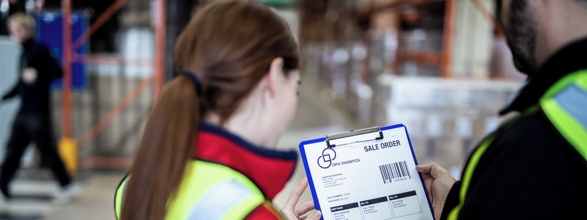 A male and female worker looking at an order sheet in a warehouse.