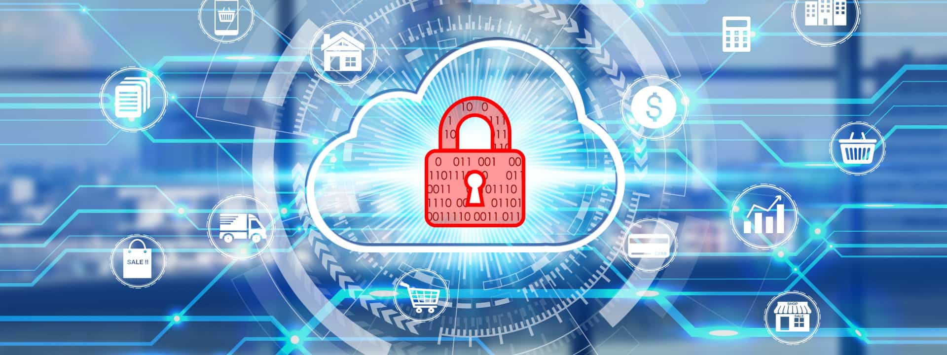 Digital depiction of cyber security with a padlock and cloud server symbol