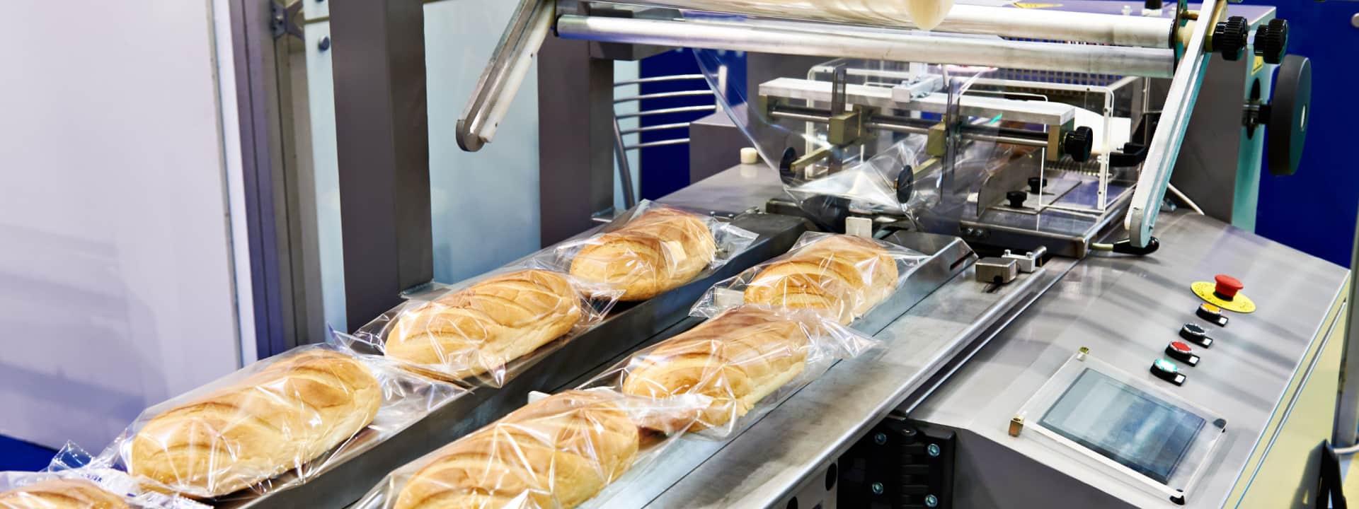 Baked bread being packaged on a conveyor belt