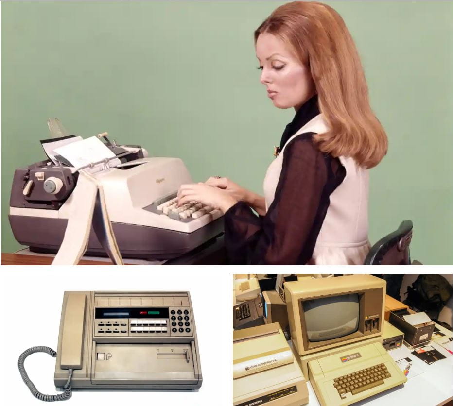 A lady in the 1970s using a typewriter with an old telephone and computer underneath