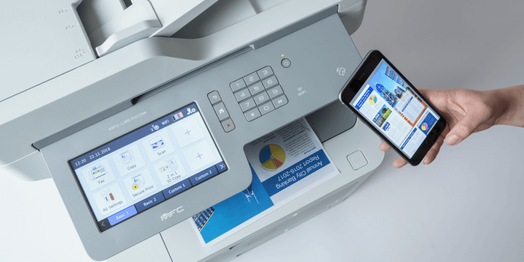 A person printing from a smartphone on the Brother MFC-L9570CDW - a printer available exclusively to MPS partners.