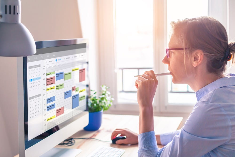 A lady working from home in front of a computer screen with natural light in her office.