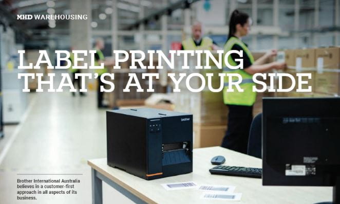 Image of Titan label printer in a warehouse with the heading Label Printing That's AT You Side featured in MHD magazine