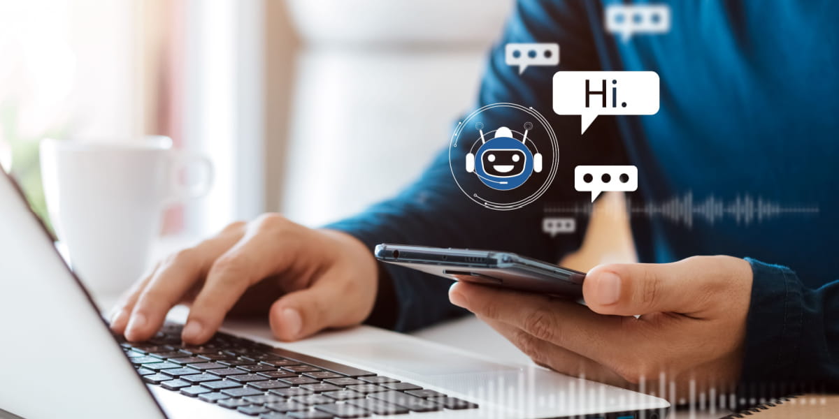Person on laptop with chatbot features in overlay depicting ai