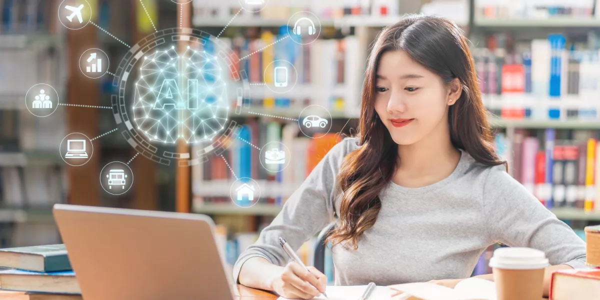 Lady on laptop in a library with ai overlay