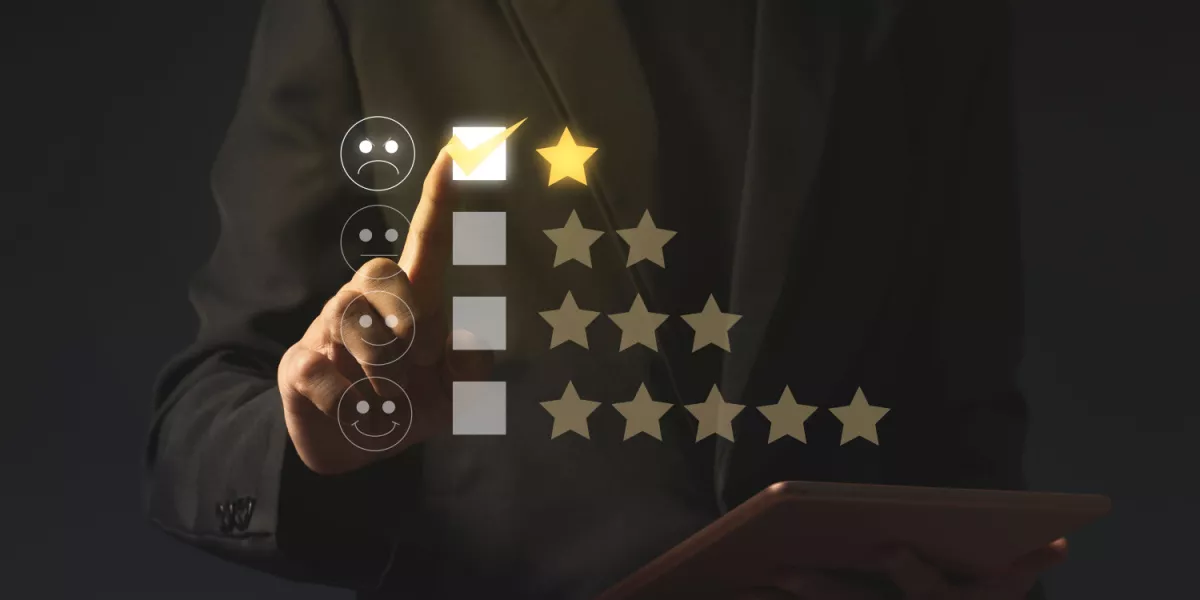 A depiction of a customer giving a poor review online