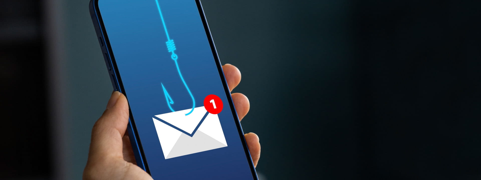 A mobile phone with a fishing line and hook symbolising a phishing attack