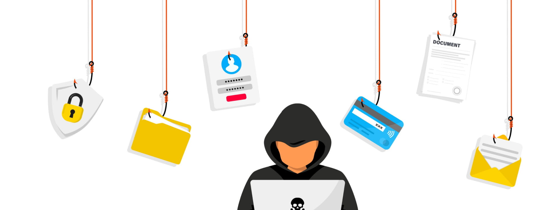 A digital depiction of a hacker with multiple phishing icons
