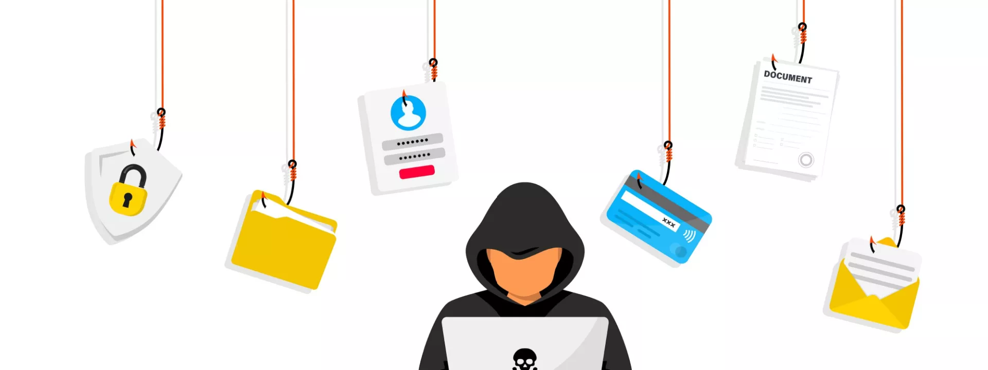 A digital depiction of a hacker with multiple phishing icons 