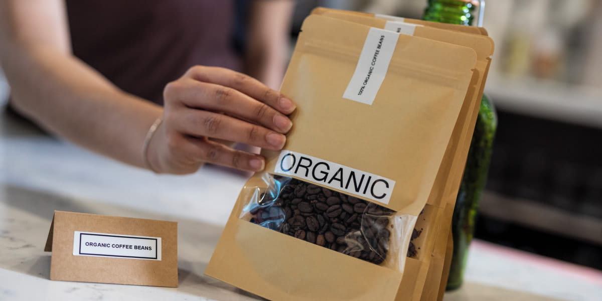 Organic coffee labels on packages