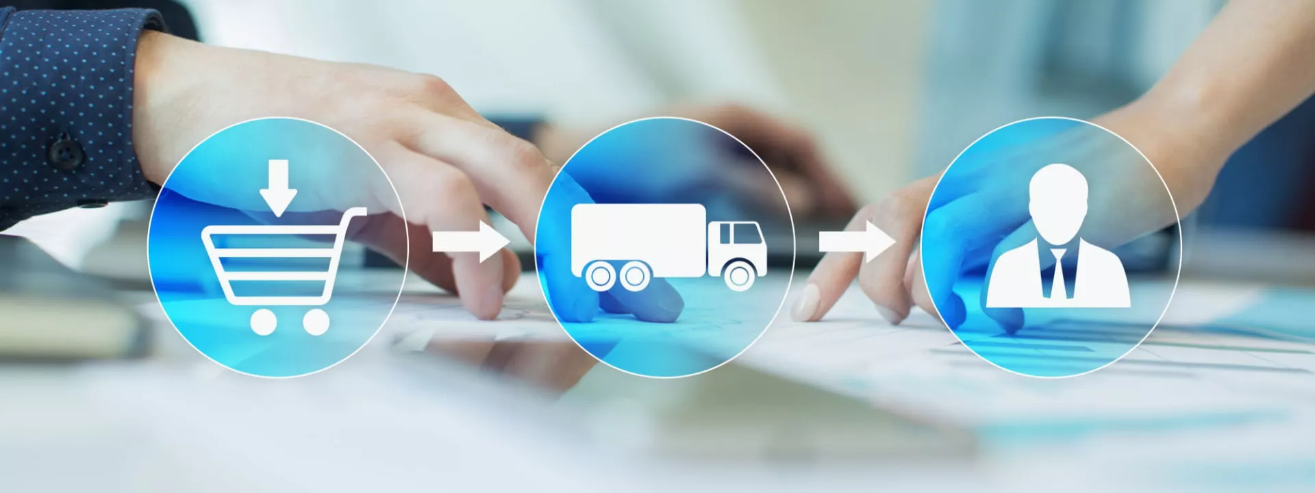 A digital depiction of supply chain management with stock and transport meeting the consumer