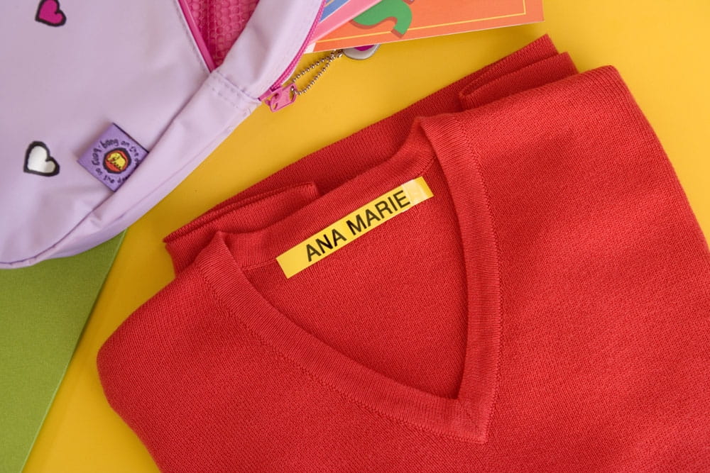 label tape on red shirt