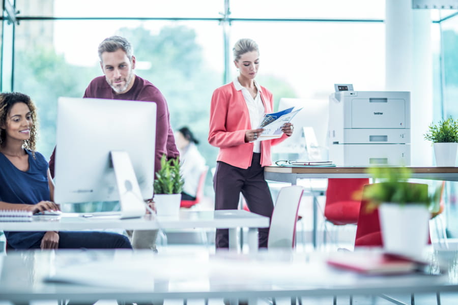 Employees in a brightly lit office