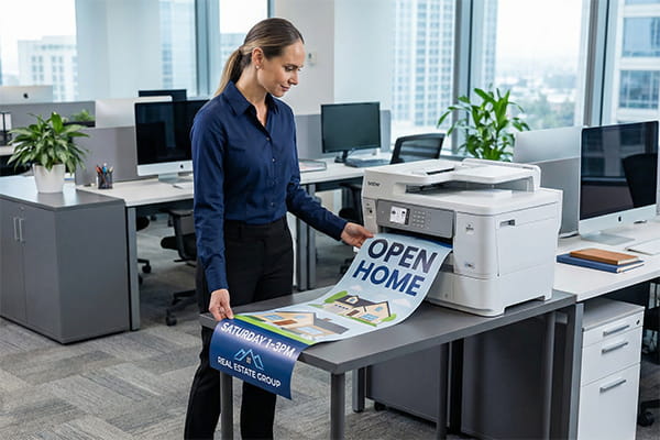 woman printing real estate banner